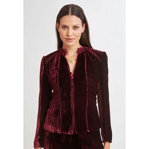 Elie‎ Tahari Plisse Velvet Embroidered Jacket Burgundy Size 10 Hook/Eye Closures